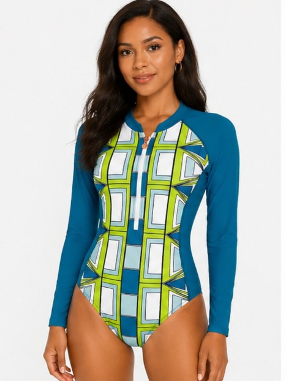 AS ROSE RICH Long-Sleeve Teal One-Piece Rash Guard Swimsuit SIZE XS NWT